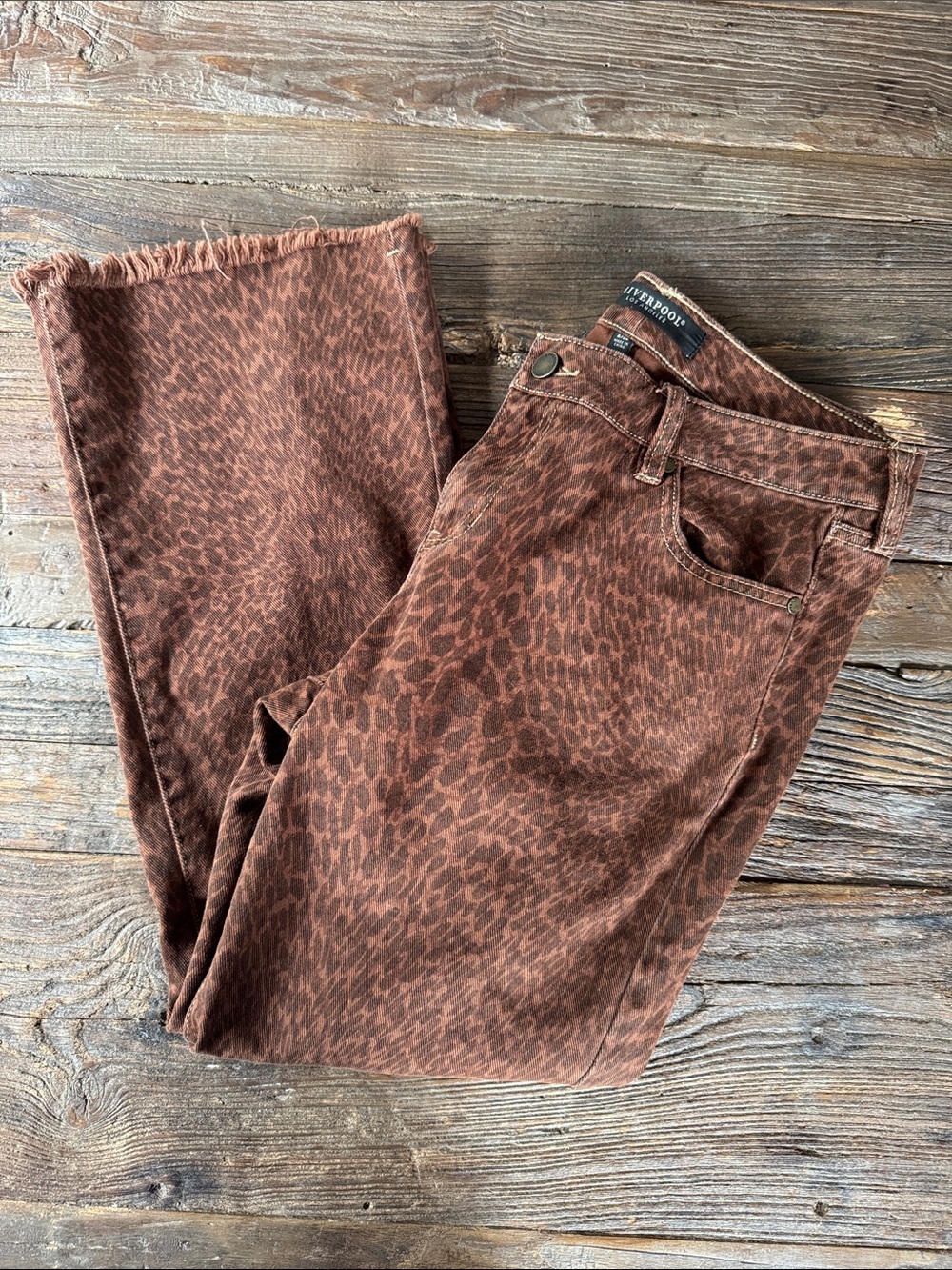 Liverpool Hanna cropped flare raw hem leopard animal print brown jeans 28 - Picture 3 of 10